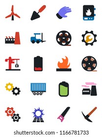 Color and black flat icon set - fork loader vector, factory, trowel, glove, saw, truck trailer, flammable, reel, low battery, root setup, windmill, crane, water heater, gear, sun panel, hard work