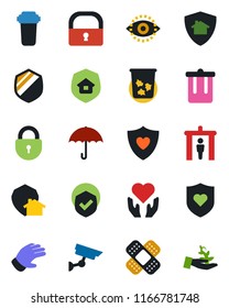 Color and black flat icon set - security gate vector, trash bin, lock, glove, patch, heart shield, hand, umbrella, eye id, water filter, home protect, surveillance, palm sproute