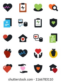 Color and black flat icon set - heart vector, pulse, diagnosis, blood pressure, diagnostic, shield, hand, real, clipboard, sweet home