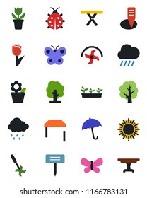 Color and black flat icon set - umbrella vector, sun, flower in pot, ripper, tree, butterfly, lady bug, seedling, rain, plant label, picnic table, tulip