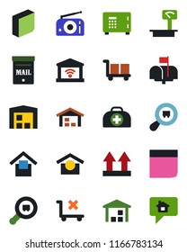 Color and black flat icon set - safe vector, doctor case, cargo, warehouse storage, up side sign, no trolley, heavy scales, search, radio, blank box, mailbox, garage gate control, home message