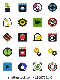 Color and black flat icon set - ticket office vector, washer, gear, circle chart, stamp, pills blister, play button, fast forward, record, eye id, target, flower in pot, omelette, clock