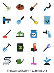 Color and black flat icon set - job vector, garden fork, shovel, farm, rake, watering can, hoe, sickle, plant label, greenhouse, seeds, fertilizer, drip irrigation