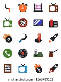 Color and black flat icon set - alarm clock vector, phone, abacus, stamp, sickle, plant label, vinyl, flame disk, tv, radio, office, turkish coffee, rocket