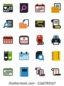 Color and black flat icon set - contract vector, book, document search, notepad, calendar, medical, folder, copybook, printer, schedule