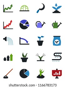 Color and black flat icon set - seedling vector, watering can, sproute, hoe, sickle, greenhouse, fertilizer, drip irrigation, pie graph, arrow up, growth, crisis, presentation