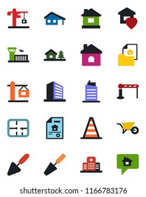 Color and black flat icon set - barrier vector, border cone, airport building, office, trowel, wheelbarrow, house, hospital, with garage, tree, plan, estate document, sweet home, city, crane