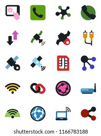 Color and black flat icon set - wireless notebook vector, satellite, network, share, chain, rca, call, sim, data exchange, router, home control app, social media