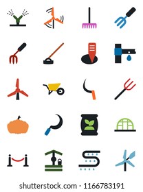 Color and black flat icon set - fence vector, garden fork, farm, rake, wheelbarrow, well, hoe, sickle, plant label, pumpkin, greenhouse, fertilizer, drip irrigation, windmill