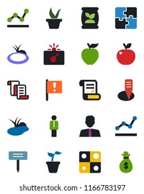 Color and black flat icon set - bomb in case vector, manager, contract, seedling, plant label, pond, fertilizer, important flag, application, point graph, estate agent, apple fruit, money bag