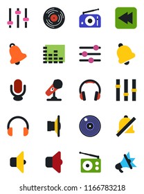 Color and black flat icon set - vinyl vector, microphone, radio, speaker, settings, equalizer, headphones, rewind, tuning, bell, mute, sound, advertising