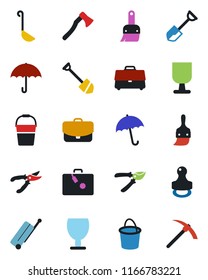 Color and black flat icon set - suitcase vector, umbrella, job, shovel, bucket, pruner, axe, fragile, themes, case, stamp, ladle, hard work