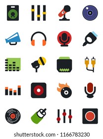 Color and black flat icon set - vinyl vector, flame disk, microphone, loudspeaker, settings, equalizer, headphones, speaker, rec button, rca, hdmi, record