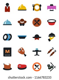 Color and black flat icon set - spoon and fork vector, waiter, dish, restaurant table, cafe, menu, plates, dress code, chicken, steak, kebab, ham, bowl, sushi