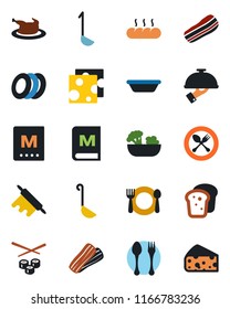 Color and black flat icon set - spoon and fork vector, cafe, menu, salad, plates, bacon, waiter, bread, chicken, ladle, bowl, rolling pin, sushi, cheese
