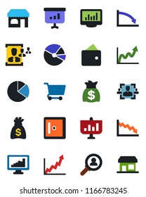 Color and black flat icon set - shop vector, checkroom, money bag, monitor statistics, pie graph, hr, consumer search, wallet, growth, crisis, cart, presentation, storefront