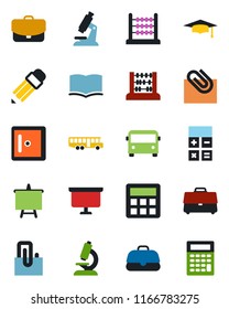 Color and black flat icon set - airport bus vector, checkroom, book, calculator, graduate, abacus, presentation board, microscope, case, paper clip, pencil