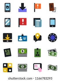Color and black flat icon set - mobile phone vector, identity card, document, important flag, cash, tracking, cell, camera, download, application, restaurant receipt, home control app