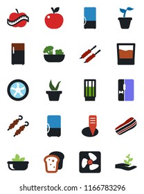 Color and black flat icon set - seedling vector, plant label, diet, fridge, drink, salad, bacon, bread, kebab, apple fruit, fan, palm sproute