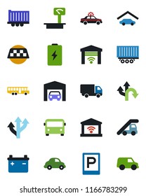 Color and black flat icon set - taxi vector, airport bus, parking, alarm car, ladder, route, truck trailer, delivery, heavy scales, garage, gate control, battery