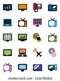 Color and black flat icon set - plane radar vector, notebook pc, statistic monitor, pulse, tv, touch screen, laptop, statistics, intercome