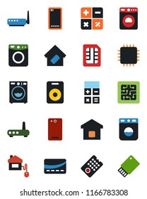 Color and black flat icon set - washer vector, calculator, speaker, phone back, sim, smart home, credit card, control, chip, remote, router, usb flash