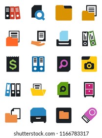 Color and black flat icon set - office binder vector, document search, receipt, folder, photo gallery, paper, tray, archive box, usb flash