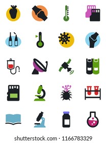 Color and black flat icon set - satellite antenna vector, book, blood test vial, dropper, microscope, ampoule, real heart, joint, virus, sd, thermometer, flask