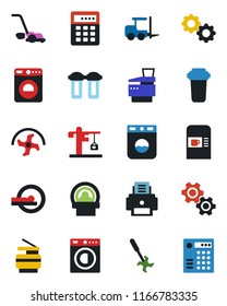 Color and black flat icon set - coffee machine vector, washer, fork loader, ripper, lawn mower, tomography, printer, copier, crane, gear, water filter, combination lock