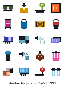 Color and black flat icon set - trash bin vector, checkroom, bucket, watering, truck trailer, cargo container, consolidated, package, oil barrel, heavy scales, railroad, archive box, water filter