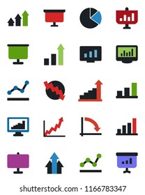 Color and black flat icon set - growth statistic vector, presentation board, crisis graph, monitor, statistics, bar, pie, point, arrow up