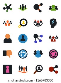 Color and black flat icon set - female vector, team, brainstorm, network, share, group, finger down, user, company, client search, consumer, social media