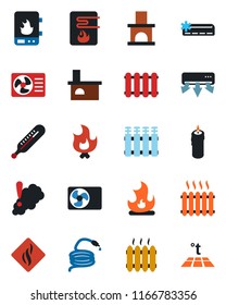 Color and black flat icon set - fire vector, hose, fireplace, thermometer, heater, air conditioner, candle, water, smoke detector, radiator, warm floor