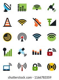 Color and black flat icon set - antenna vector, wireless notebook, border cone, radar, satellite, equalizer, mute, cellular signal, lock