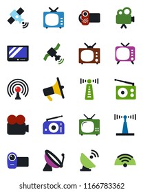 Color and black flat icon set - antenna vector, satellite, radio, loudspeaker, tv, video camera, wireless