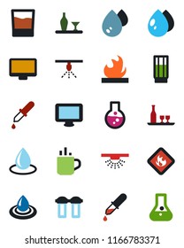 Color and black flat icon set - hot cup vector, water drop, dropper, flammable, monitor, alcohol, drink, filter, sprinkler, flask