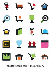 Color and black flat icon set - baggage trolley vector, fragile, cargo, warehouse storage, up side sign, no, hook, search, scanner, blank box