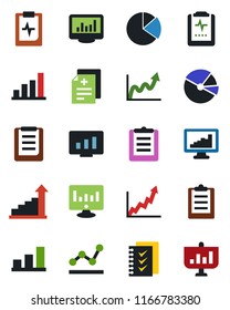 Color and black flat icon set - growth statistic vector, monitor, diagnosis, pulse clipboard, statistics, bar graph, pie, checklist, point, presentation