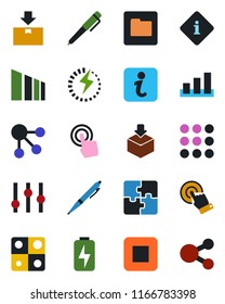 Color and black flat icon set - package vector, sorting, settings, touch screen, stop button, menu, folder, charge, application, pen, information, social media