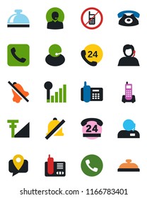 Color and black flat icon set - phone vector, no mobile, reception bell, office, 24 hours, support, tracking, radio, call, mute, cellular signal