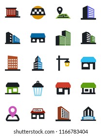 Color and black flat icon set - taxi vector, shop, office building, garden light, navigation, store, city house, cafe, storefront