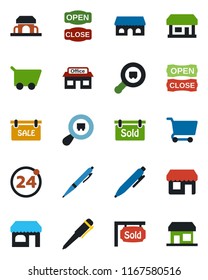 Color and black flat icon set - 24 around vector, shop, pen, store, search cargo, sale, sold signboard, cafe building, open close, cart, storefront