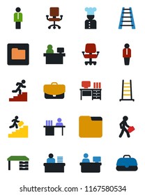 Color and black flat icon set - manager vector, desk, place, ladder, folder, career, cook, office chair, case