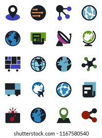 Color and black flat icon set - satellite antenna vector, bomb in case, globe, plane, earth, pin, consolidated cargo, network, share, news, social media