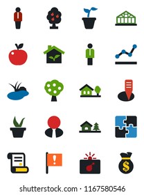Color and black flat icon set - bomb in case vector, manager, contract, seedling, plant label, greenhouse, pond, important flag, application, point graph, house with tree, fruit, estate agent, apple