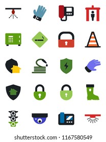 Color and black flat icon set - security gate vector, smoking place, border cone, safe, lock, glove, boot, hose, traffic light, protect, intercome, home, surveillance, sprinkler