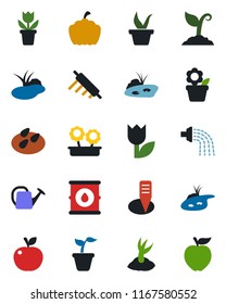 Color and black flat icon set - flower in pot vector, seedling, watering can, sproute, plant label, pumpkin, seeds, pond, tulip, oil barrel, rolling pin, apple fruit