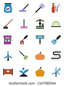 Color and black flat icon set - fence vector, garden fork, farm, rake, well, hoe, plant label, pumpkin, greenhouse, sprayer, fertilizer, drip irrigation, windmill