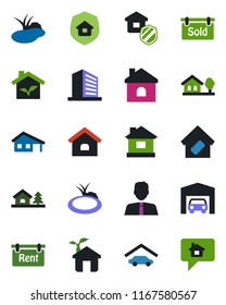 Color and black flat icon set - office building vector, house, pond, with garage, tree, rent, sold signboard, estate agent, smart home, insurance, eco, message