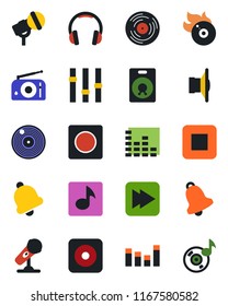 Color and black flat icon set - vinyl vector, flame disk, microphone, radio, speaker, settings, equalizer, headphones, stop button, fast forward, rec, bell, record, music
